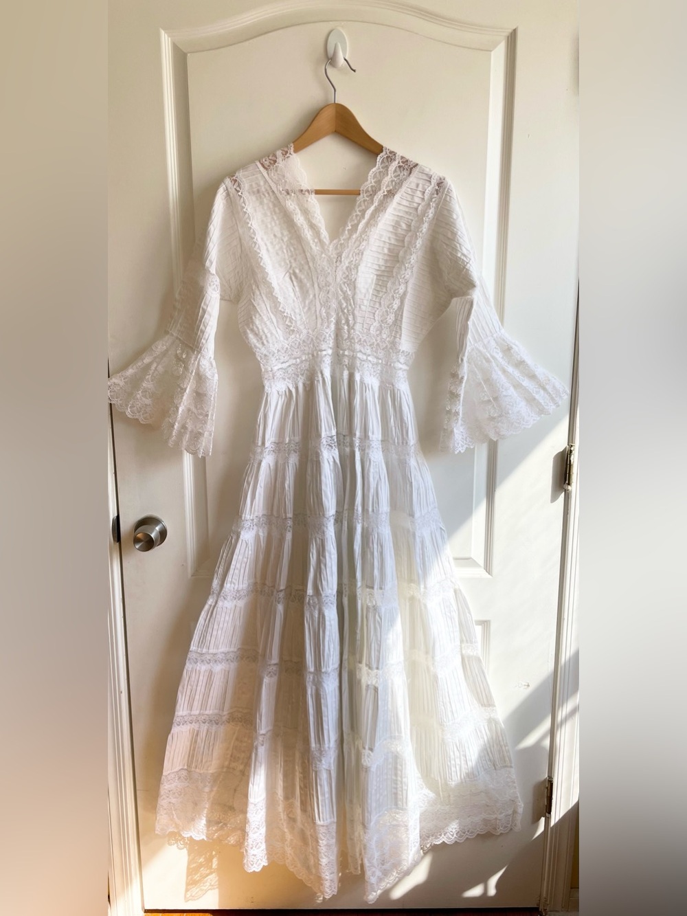 Vintage 1960s-70s Mexican Wedding Dress Pin Tuck Lace Bell Sleeve Boho Maxi Sz S